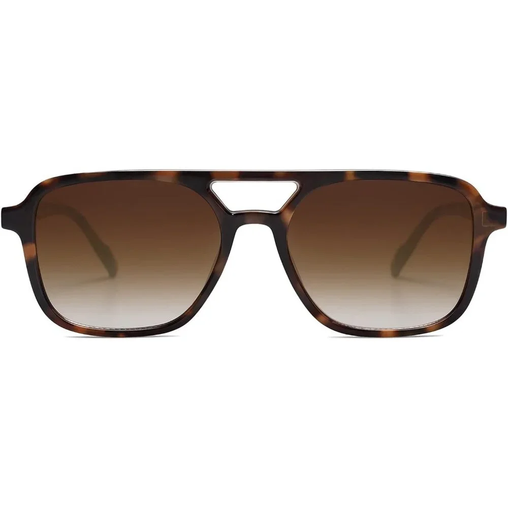 Men's Brown Frame/brown Lens Trendy Rectangle Shades Retro Aviator Sunglasses - Picture 2 of 7